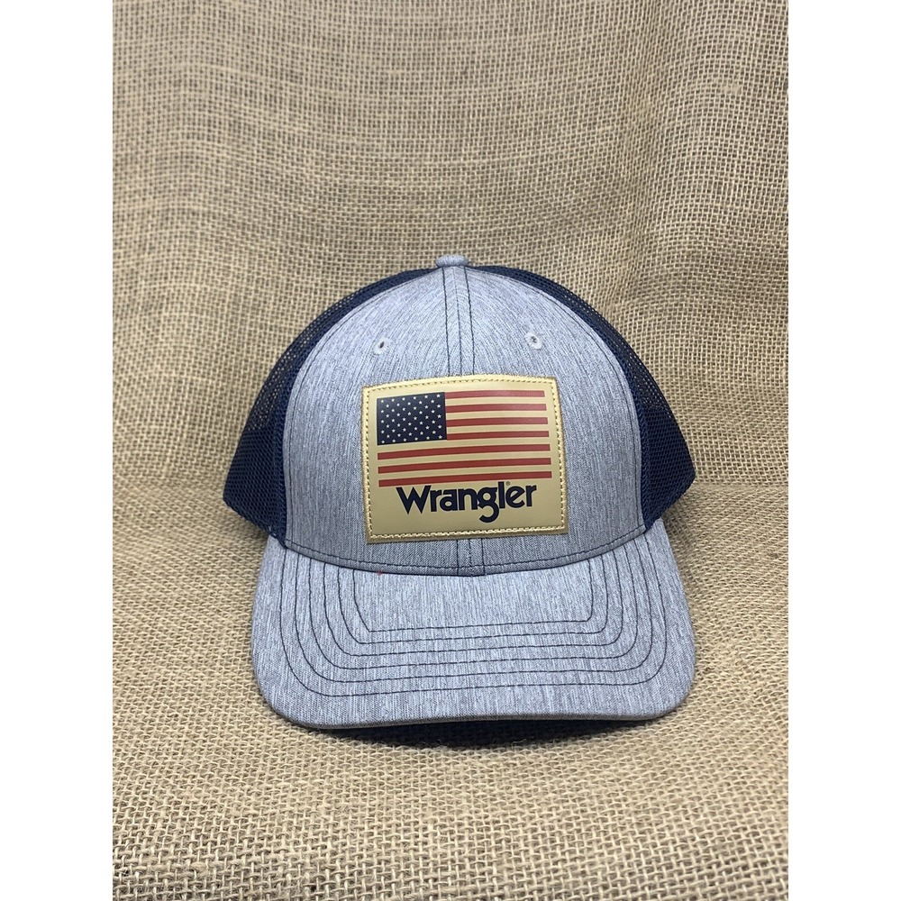 Wrangler Mesh Snapback Trucker Hat American Flag Gray And‎ Blue EUC